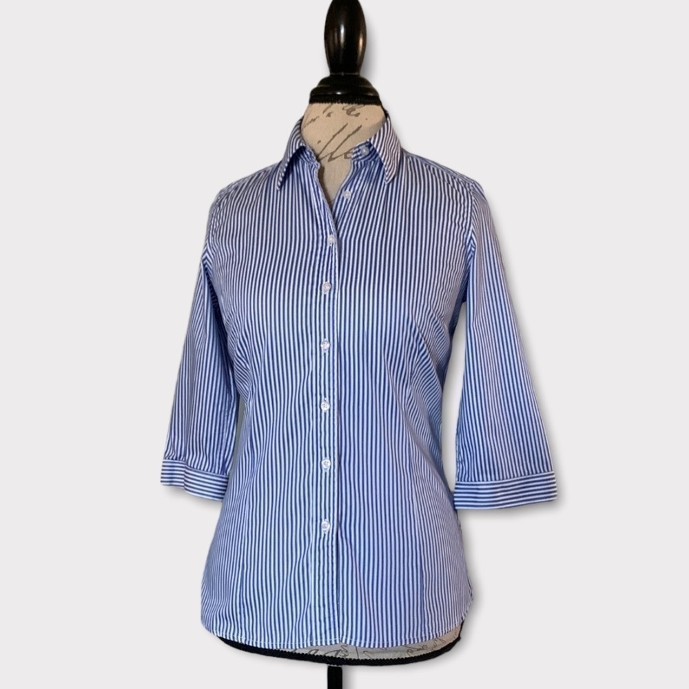Pink THOMAS PINK JERMYN STREET LONDON 3/4 Sleeve Button Down - Blue/White Stripe